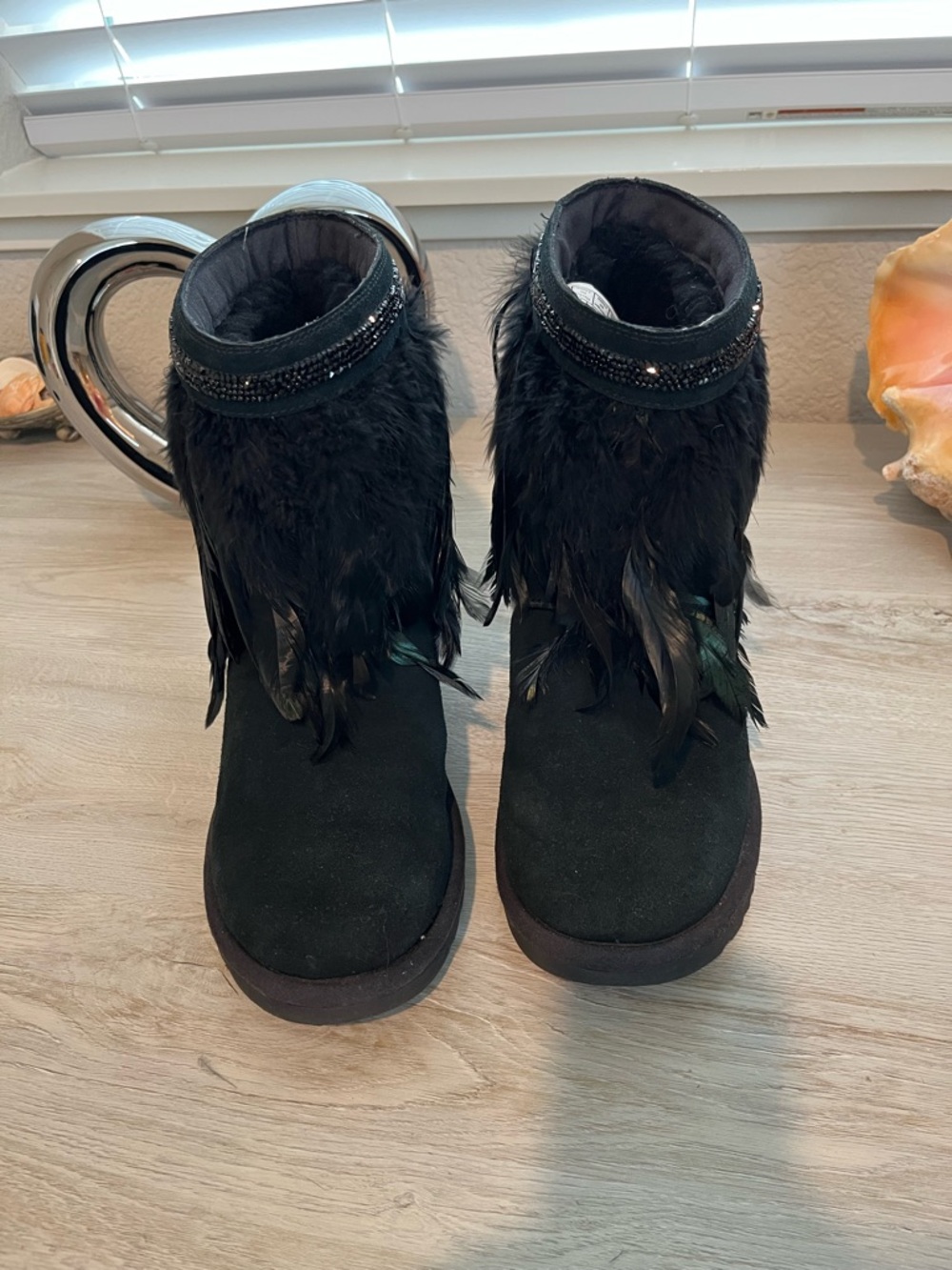 RARE UGG Black Feather Trim Beaded Cuff Winter Boots